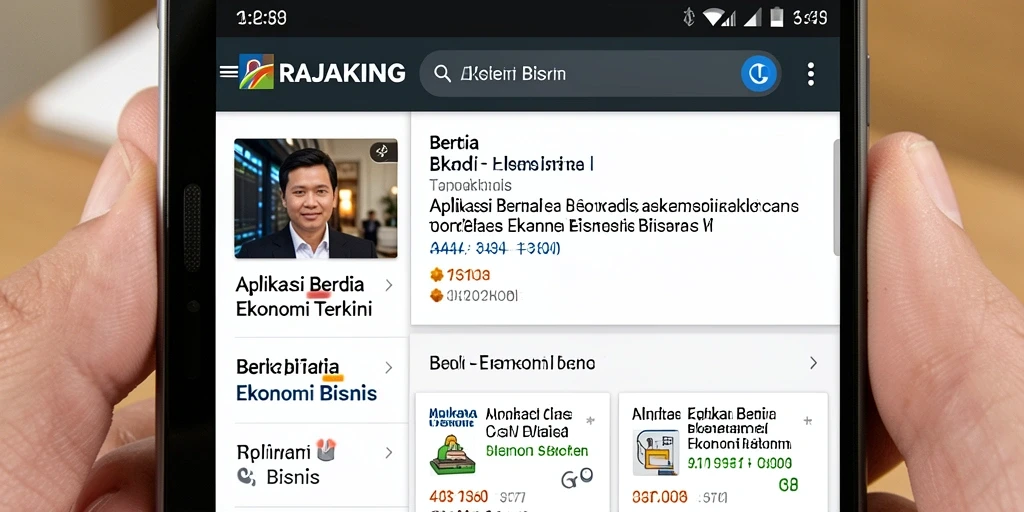 Antarmuka utama RAJAKING menampilkan berita ekonomi terkini dengan navigasi mudah.